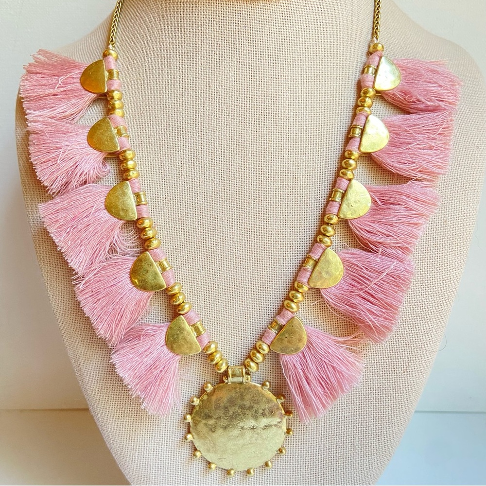 Lucky Brand pink fringe tassel statement pendant necklace in hammered goldtone